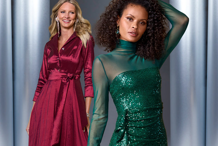 Model 1's wearing a maroon dress with statement earrings. Model 2's wearing a green sheer and sequin dress.