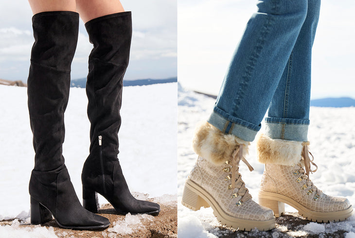 Model one has black over the knee boots on, model two has fur and croc print boots on and model three has metallic silver boots on